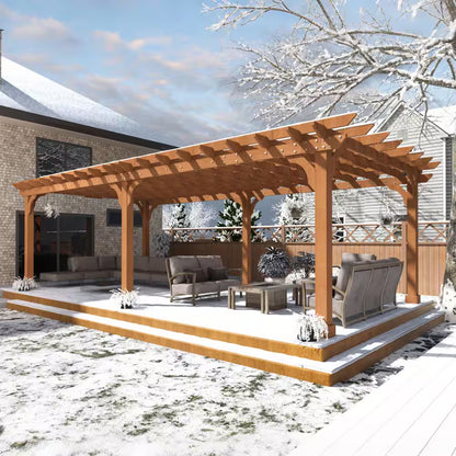 24 Ft. W X 12 Ft. D Cedar Wood Patio Pergola Shade Structure for Outdoor, Brown