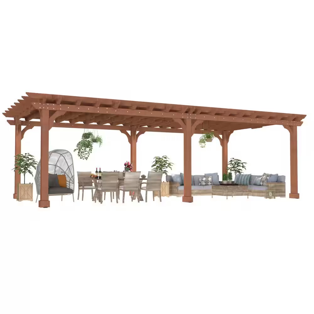24 Ft. W X 12 Ft. D Cedar Wood Patio Pergola Shade Structure for Outdoor, Brown