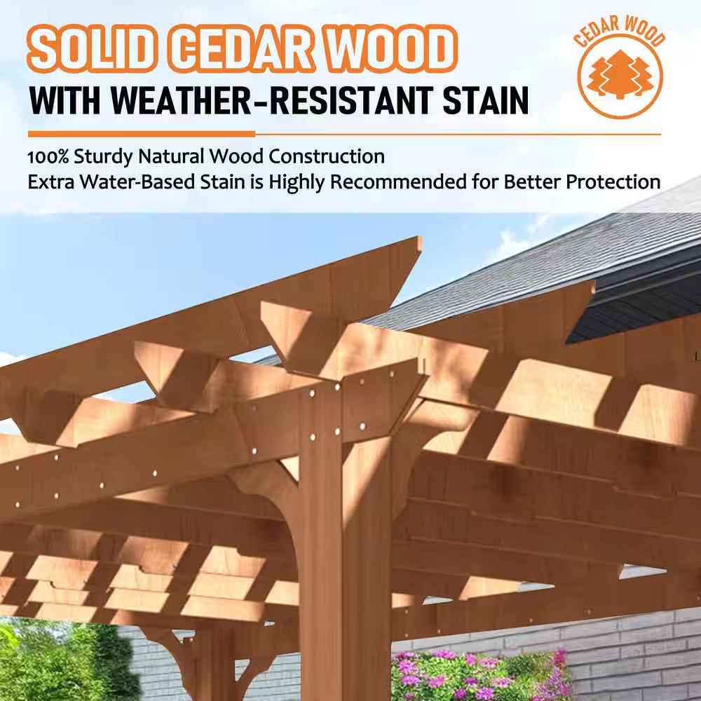 14 Ft. W X 12 Ft. D Cedar Wood Patio Pergola Shade Structure for Outdoor, Brown