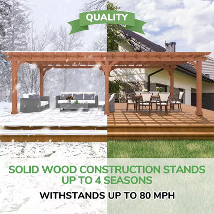 24 Ft. W X 12 Ft. D Cedar Wood Patio Pergola Shade Structure for Outdoor, Brown
