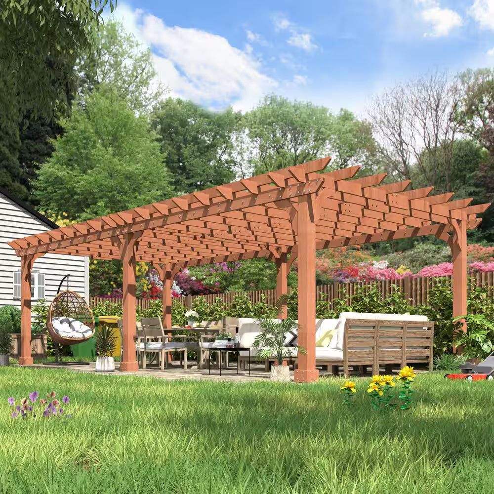 24 Ft. W X 12 Ft. D Cedar Wood Patio Pergola Shade Structure for Outdoor, Brown