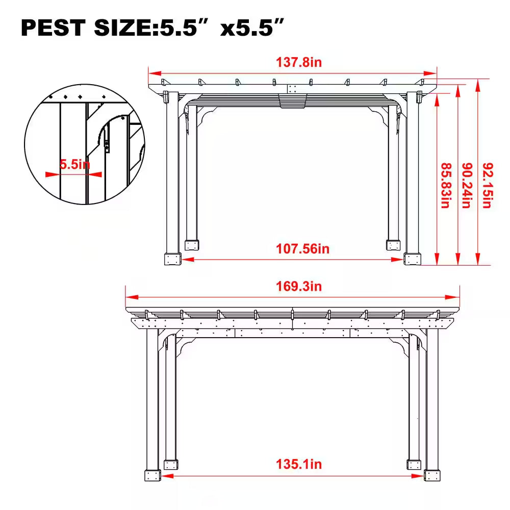 14 Ft. W X 12 Ft. D Cedar Wood Patio Pergola Shade Structure for Outdoor, Brown